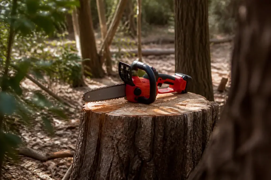 Petite tronconneuse posee sur une souche de bois