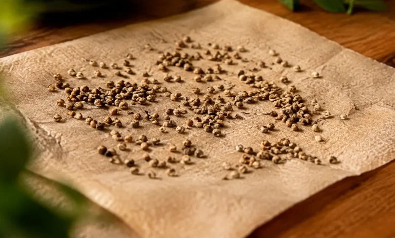 Petits pepins secs etales sur du papier absorbant beige