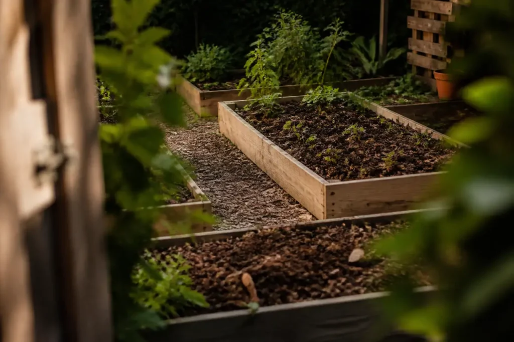 Planches de jardin couvertes de paillis et compost brun