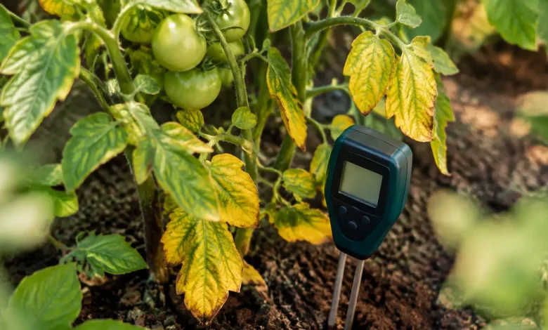 Plant de tomate jauni, sonde de pH en terre