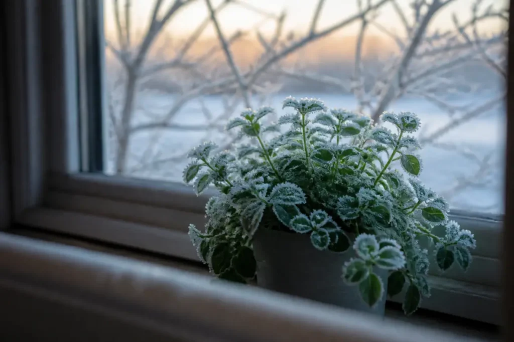 Plante couverte de givre pres de la fenetre