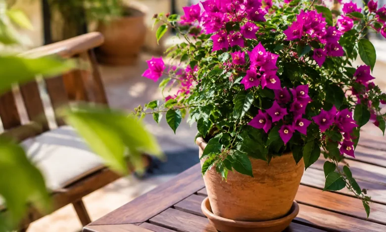 Plante aux fleurs magenta posee sur une terrasse
