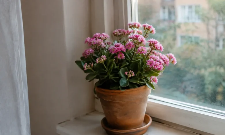 Plante a fleurs roses posee sur rebord de fenetre