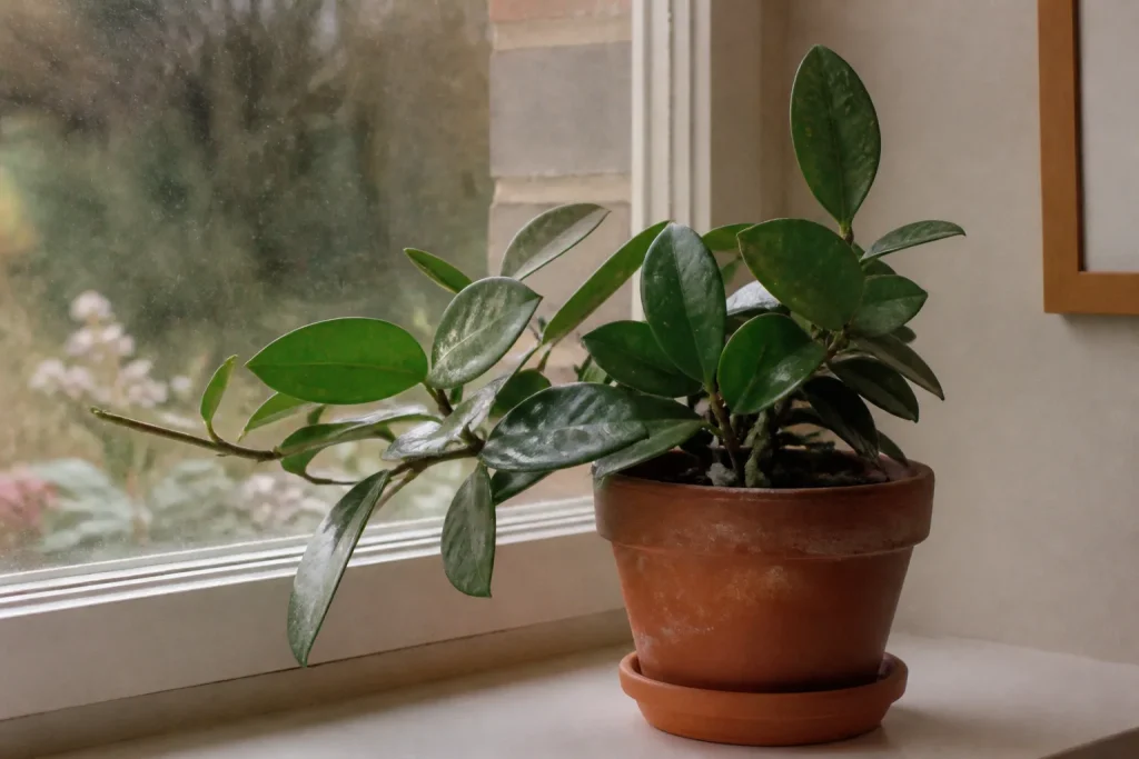 Plante Hoya en pot terre cuite pres d'une fenetre