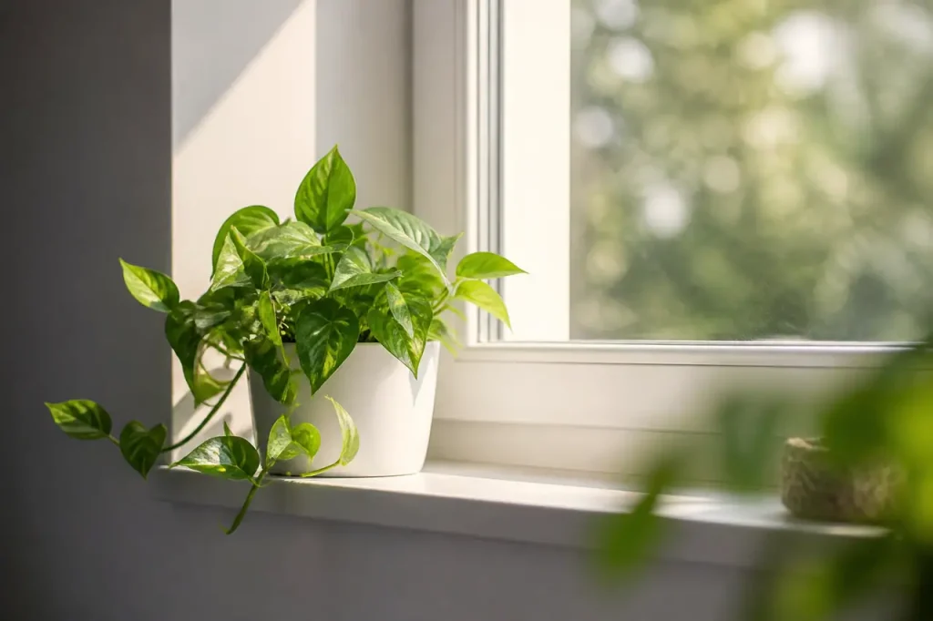 Plante verte en pot pres de la fenetre lumineuse