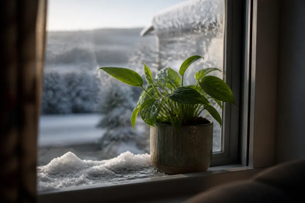 Plante verte en pot sur rebord de fenetre enneigee