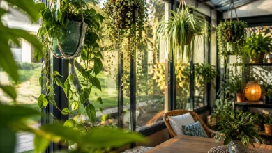 Plantes pendantes en pots rentrees dans une veranda vitree