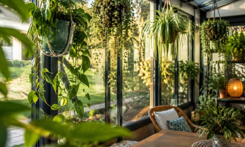 Plantes pendantes en pots rentrees dans une veranda vitree