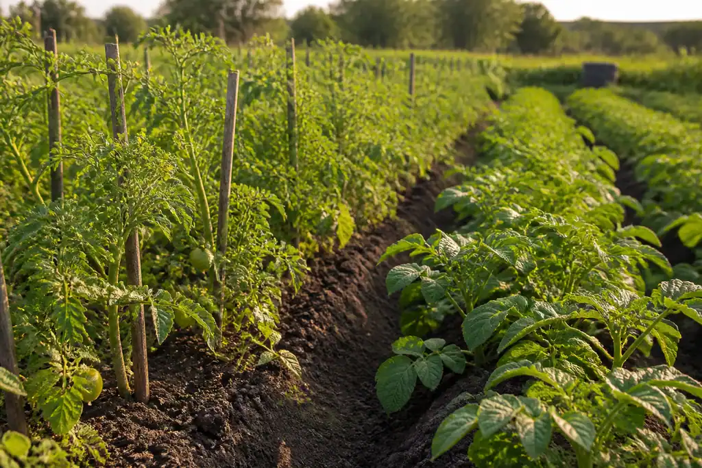 Plants de tomates et pommes de terre en rangs