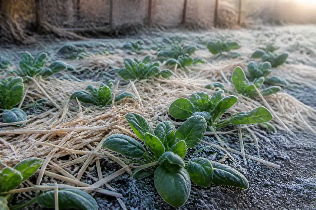 Plants verts couverts de paille seche sur sol givre