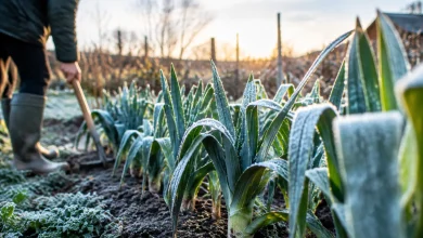 Poireaux dresses en terre dans un potager givre