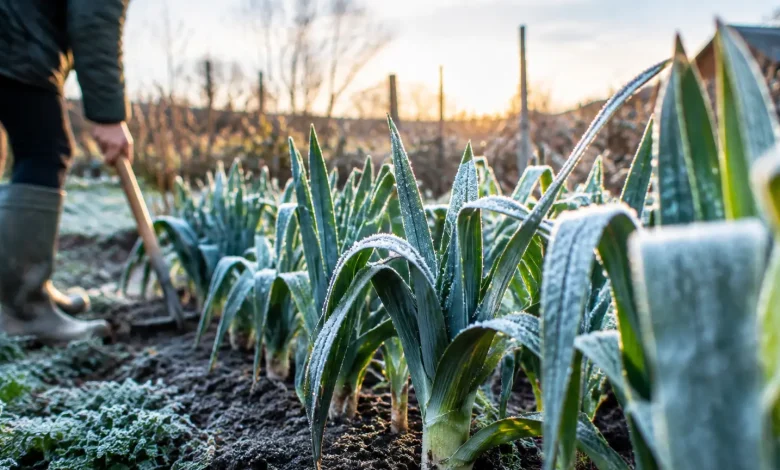 Poireaux dresses en terre dans un potager givre