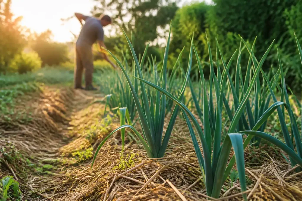 Poireaux verts dans un potager couvert de paille
