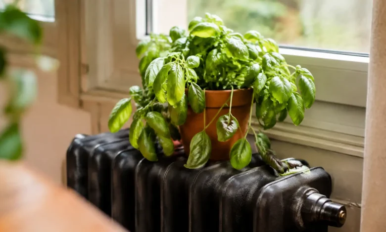 Pot de basilic affaisse sur un radiateur en fonte
