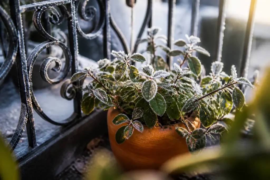Pot de fleurs orange sur un balcon, feuilles givrees
