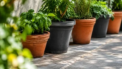 Pot terre cuite et pot plastique alignes sur terrasse