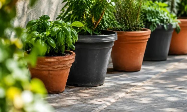 Pot terre cuite et pot plastique alignes sur terrasse