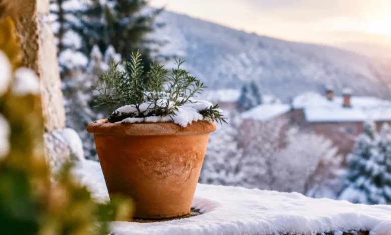 Pot en terre cuite pose sur un rebord enneige