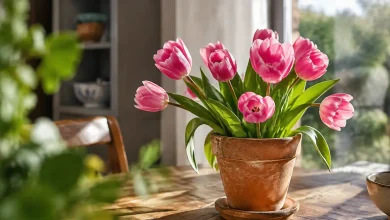 Pot en terre cuite sur table avec tulipes roses