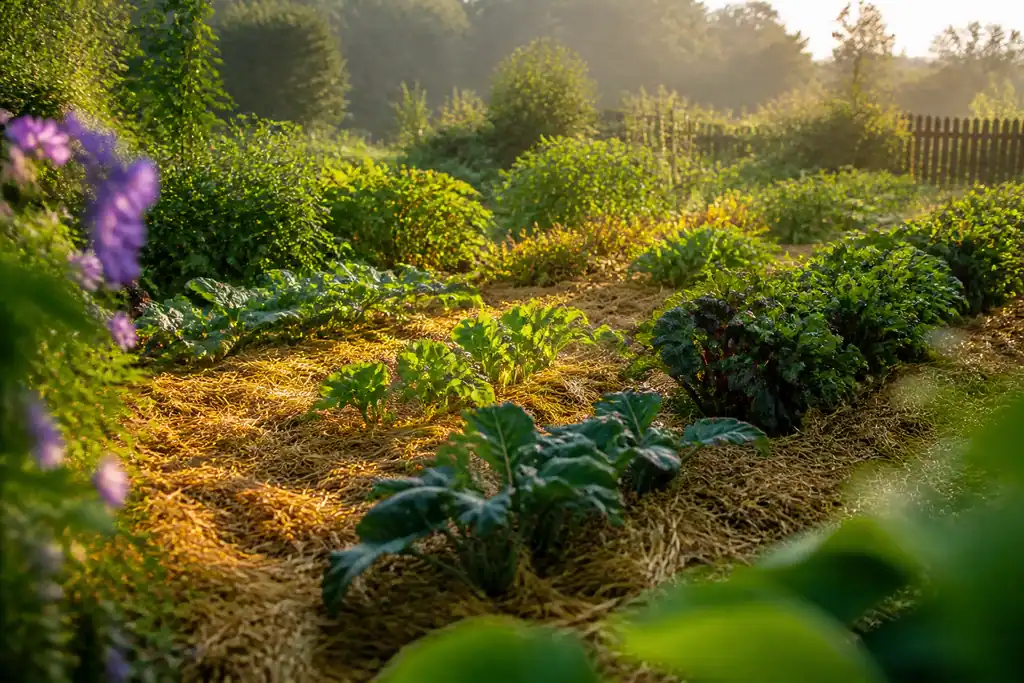 Potager en terre meuble couvert de paille doree