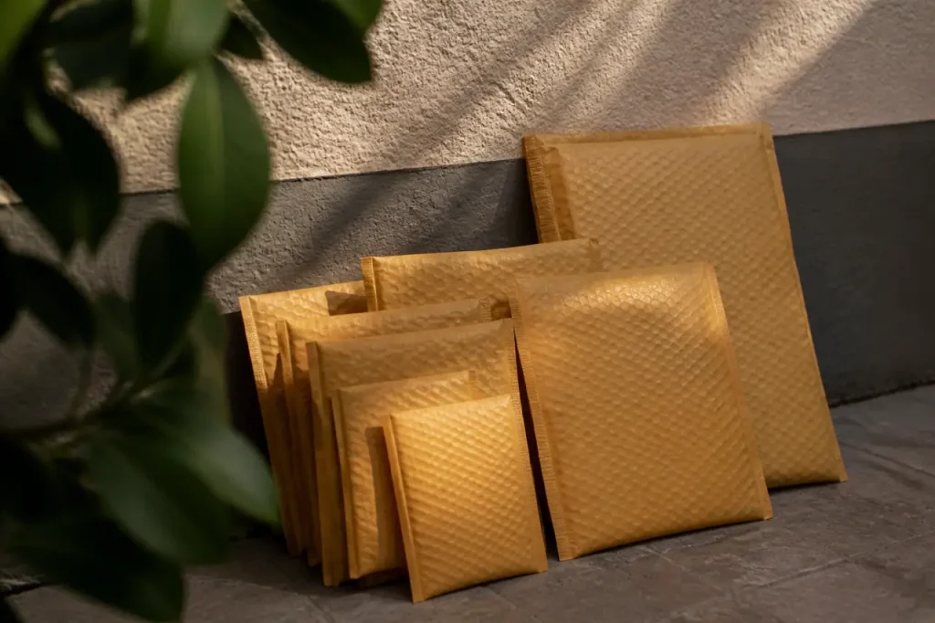 Pots envelopes de papier bulle groupes contre un mur