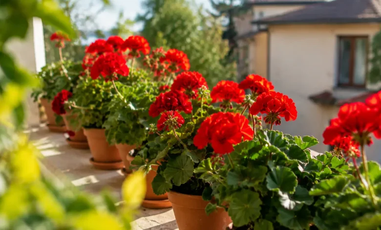 Pots de geraniums rouges alignes sur un rebord exterieur