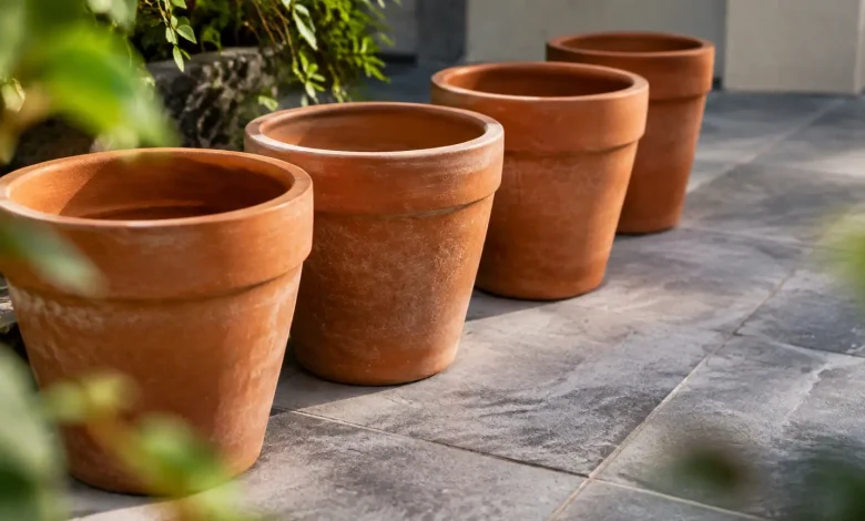 Pots en terre cuite nus alignes sur dalles grises