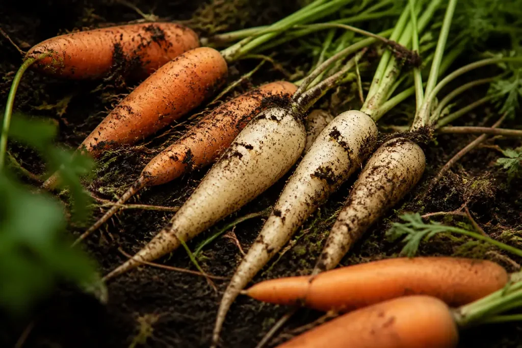 Racines orange et blanches posees sur terre humide