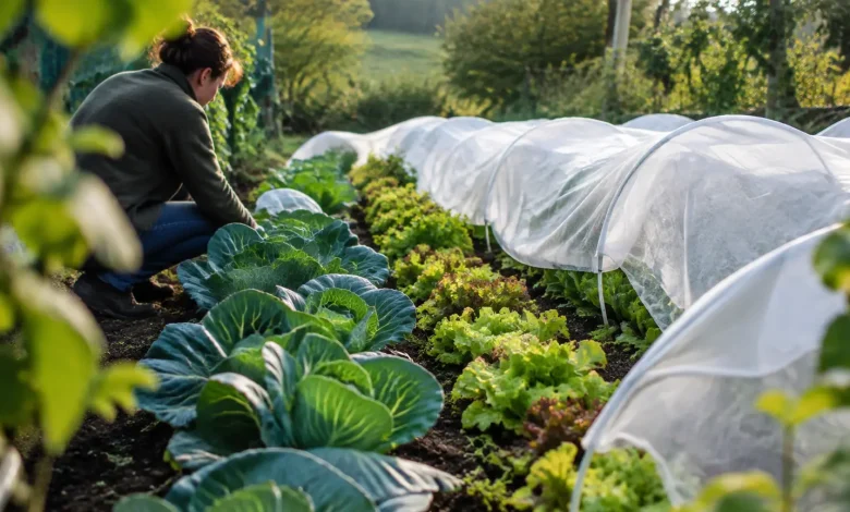 Rangees de choux et salades sous voile blanc
