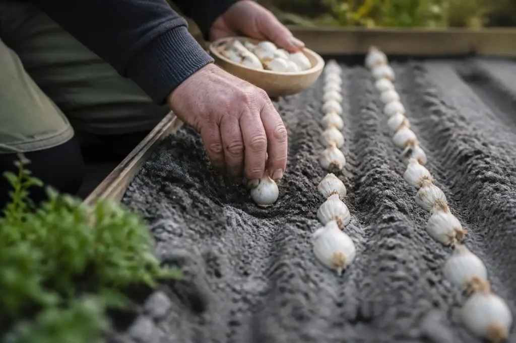 Rangs de bulbes blancs alignes dans un potager gris