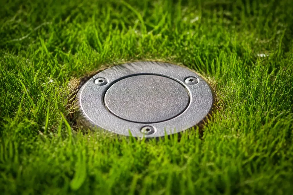 Regard metallique rond entoure de gazon vert vif