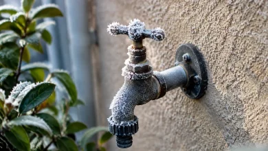 Robinet exterieur givre fixe sur mur de facade
