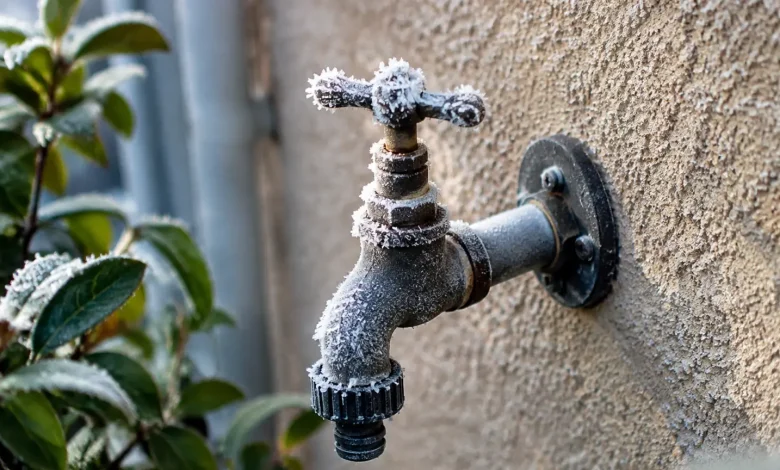 Robinet exterieur givre fixe sur mur de facade