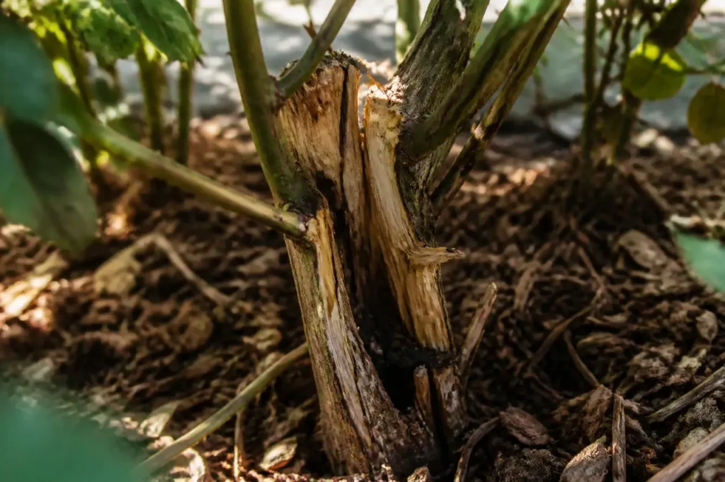 Rosier au jardin avec branches fendues et ecorce arrachee