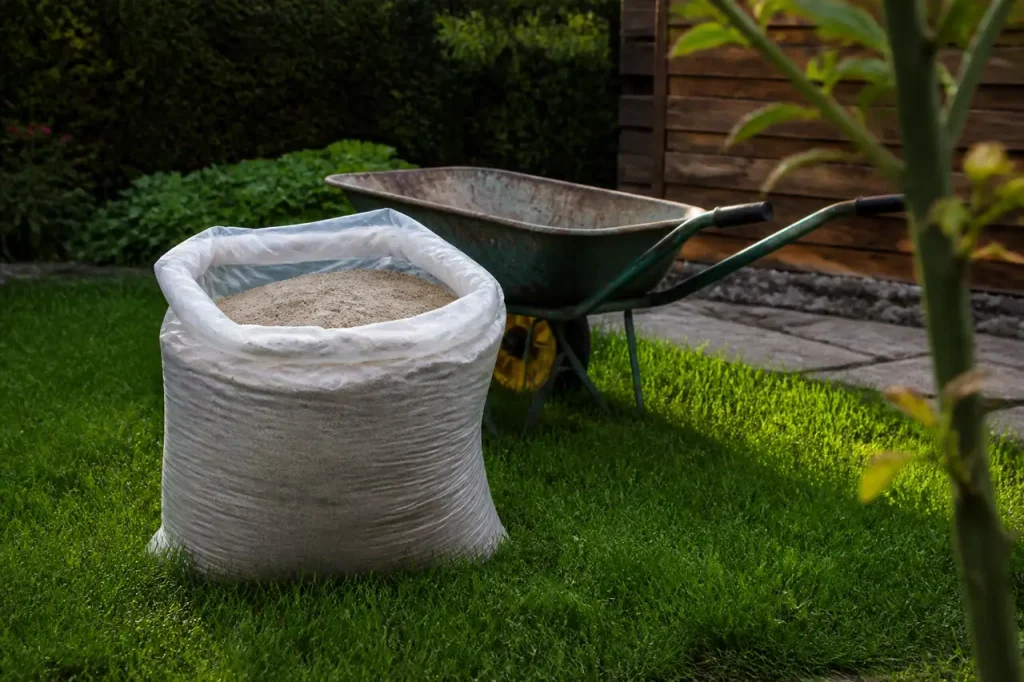 Sac de sable siliceux fin et brouette sur pelouse