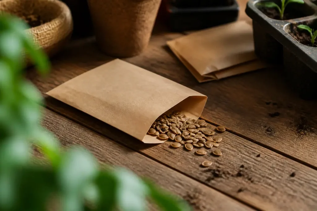 Sachet de graines marqué F1 posé sur table