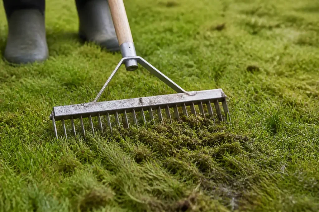 Scarificateur manuel aux dents fines sur gazon humide