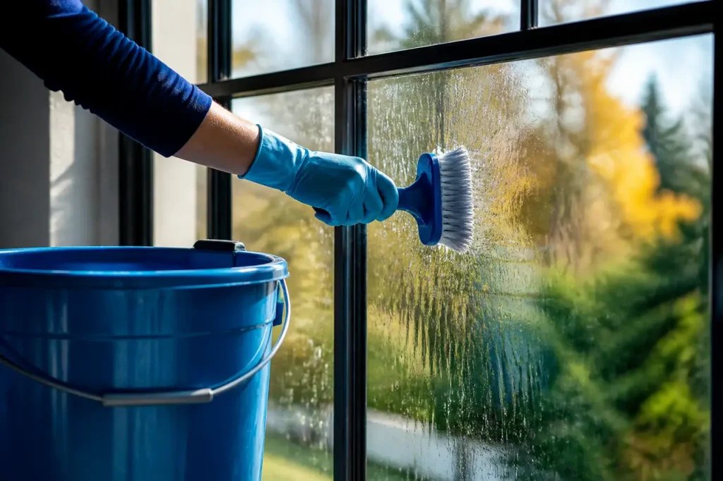 Seau bleu et brosse contre des vitres propres