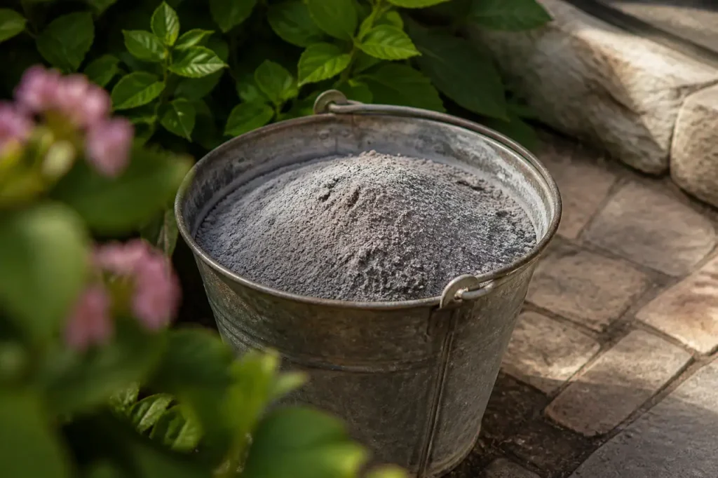 Seau metal rempli de poudre grise au jardin