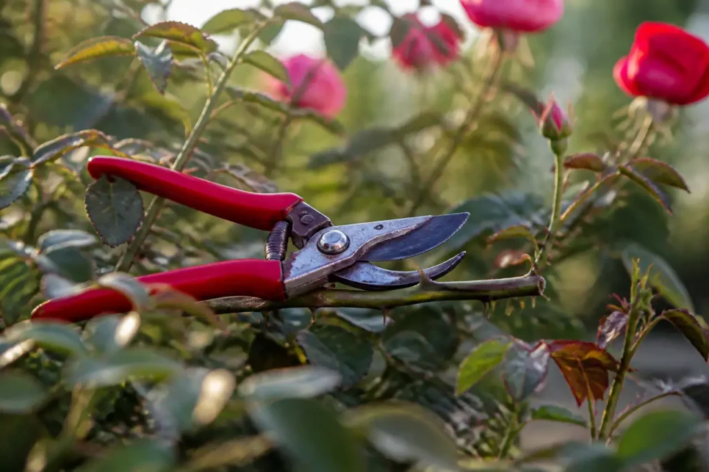 Secateur rouge pose sur une tige de rosier