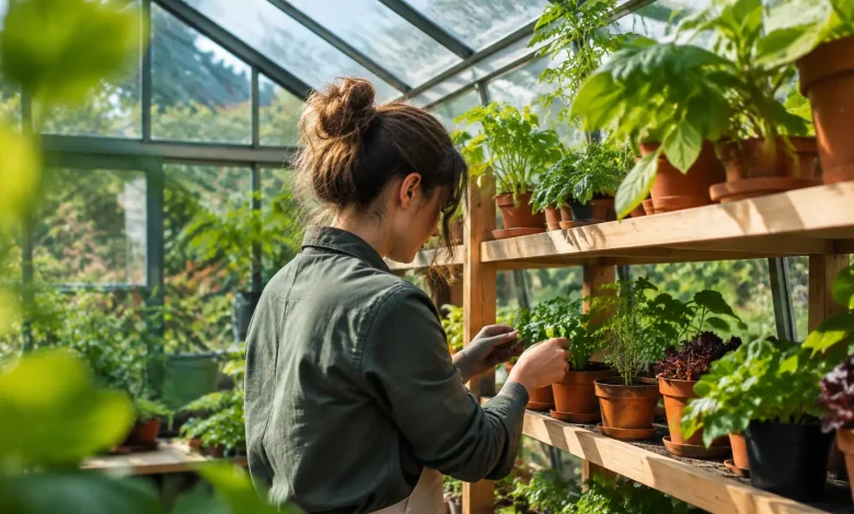 Serre en verre, plants alignes sur etagere en bois
