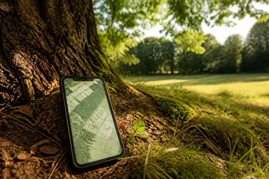 Smartphone affichant une carte cadastrale pres du grand arbre