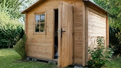 Structure en bois assemblee sur une pelouse, porte entrouverte