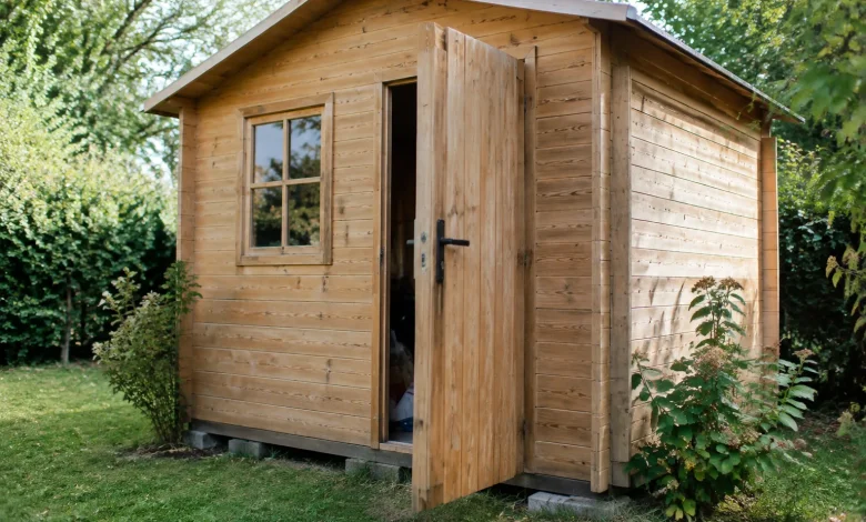 Structure en bois assemblee sur une pelouse, porte entrouverte