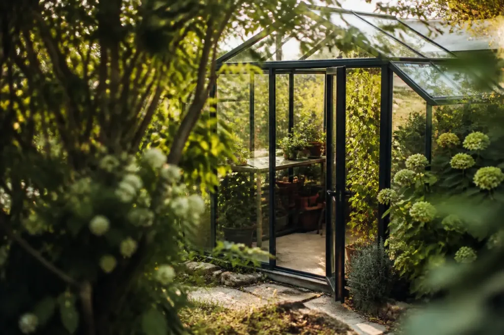 Structure vitree avec porte entrouverte au fond du jardin