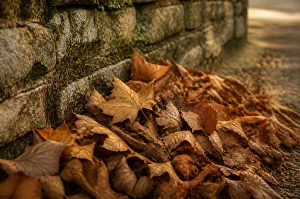 Tas de feuilles mortes contre un vieux muret