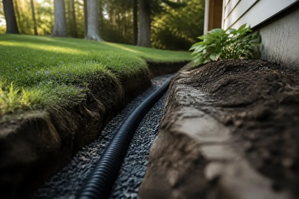 Terrain en pente douce avec tuyau de drainage visible