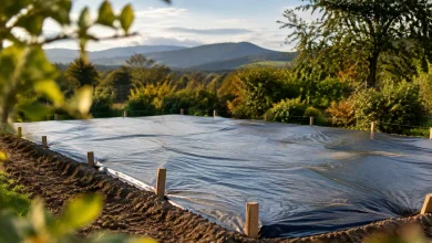 Terre nue couverte par une bache tendue sur piquets