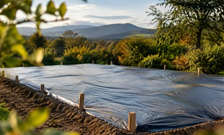 Terre nue couverte par une bache tendue sur piquets