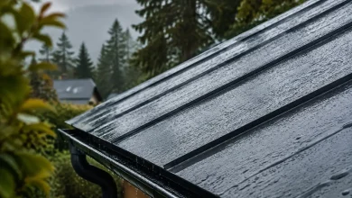 Toit metallique incline sous une pluie grise, planches mouillees